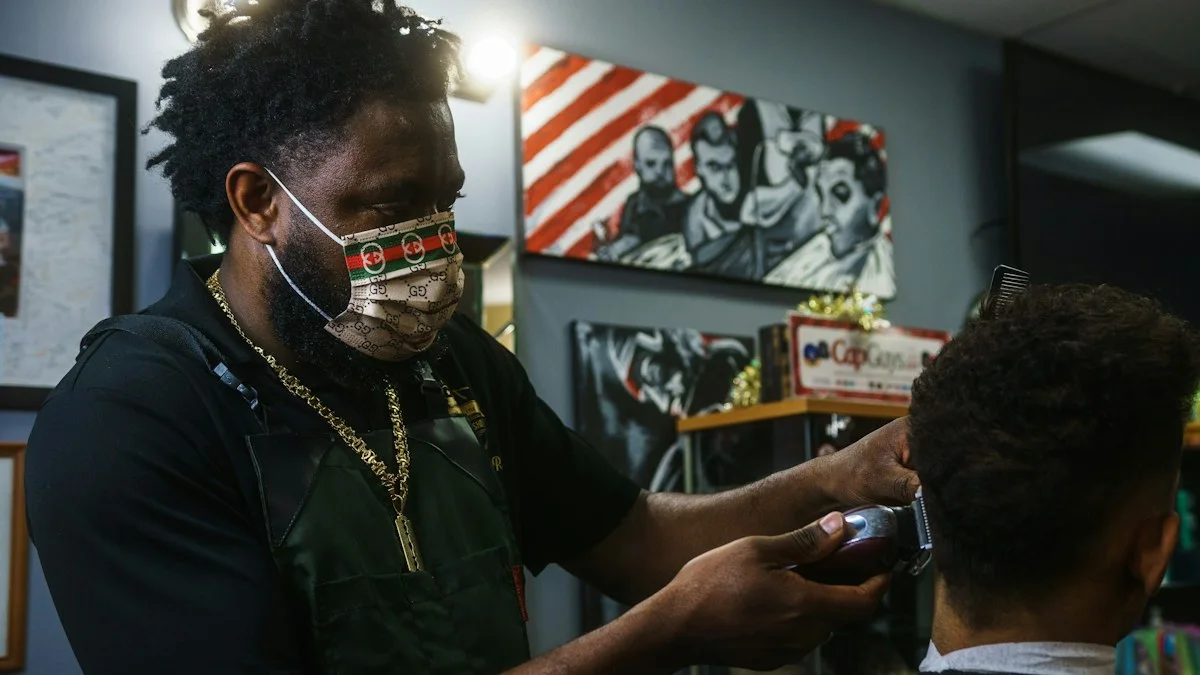 A barber helping a customer